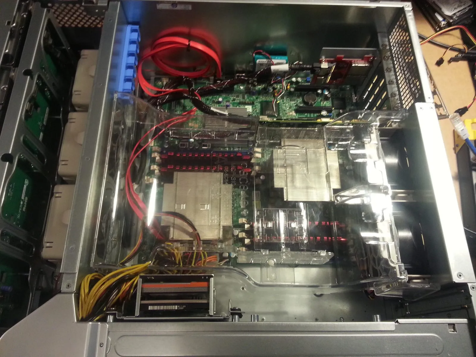 Inside the Supermicro SC846E16: the X8DTE-F board under a clear air shroud